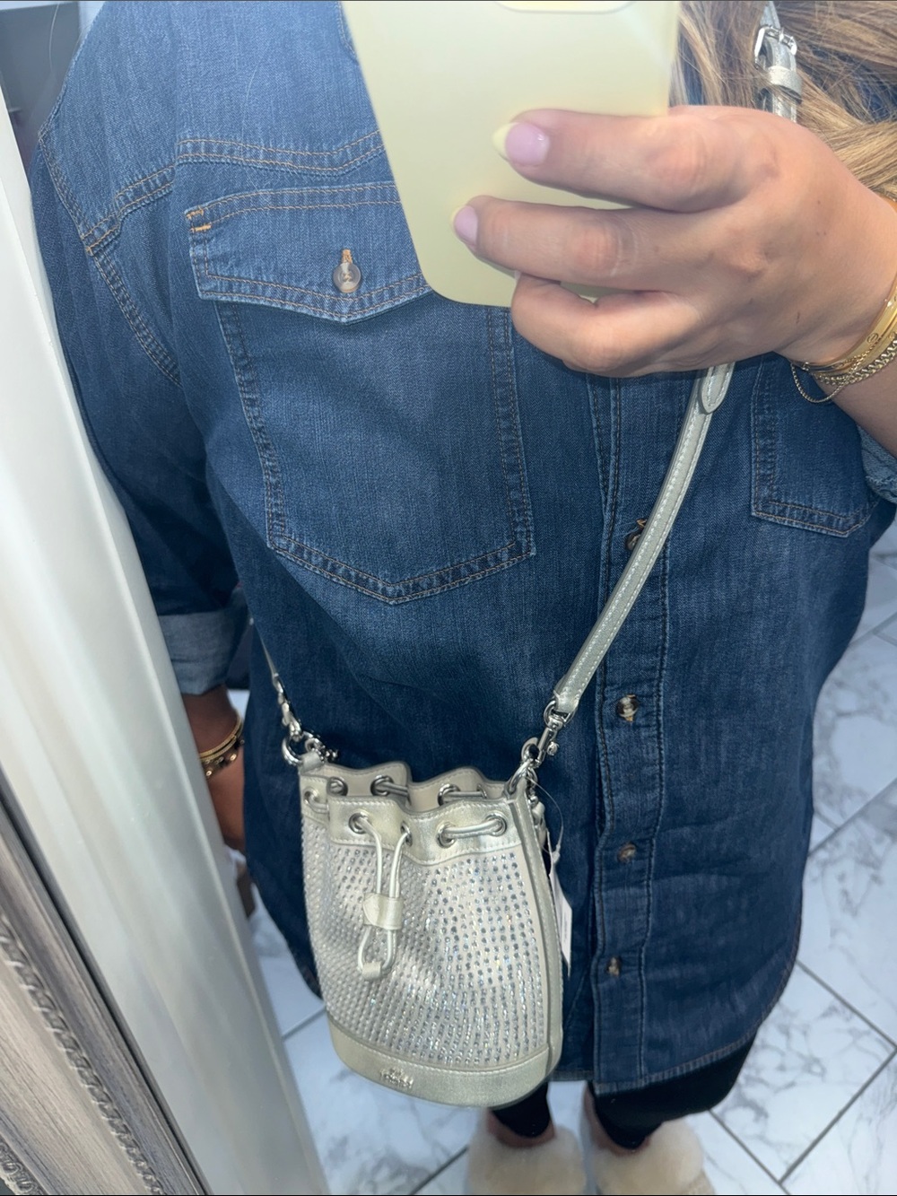 New Coach Metallic Silver Crystal-Embellished Bucket mini Bag - Picture 10 of 10